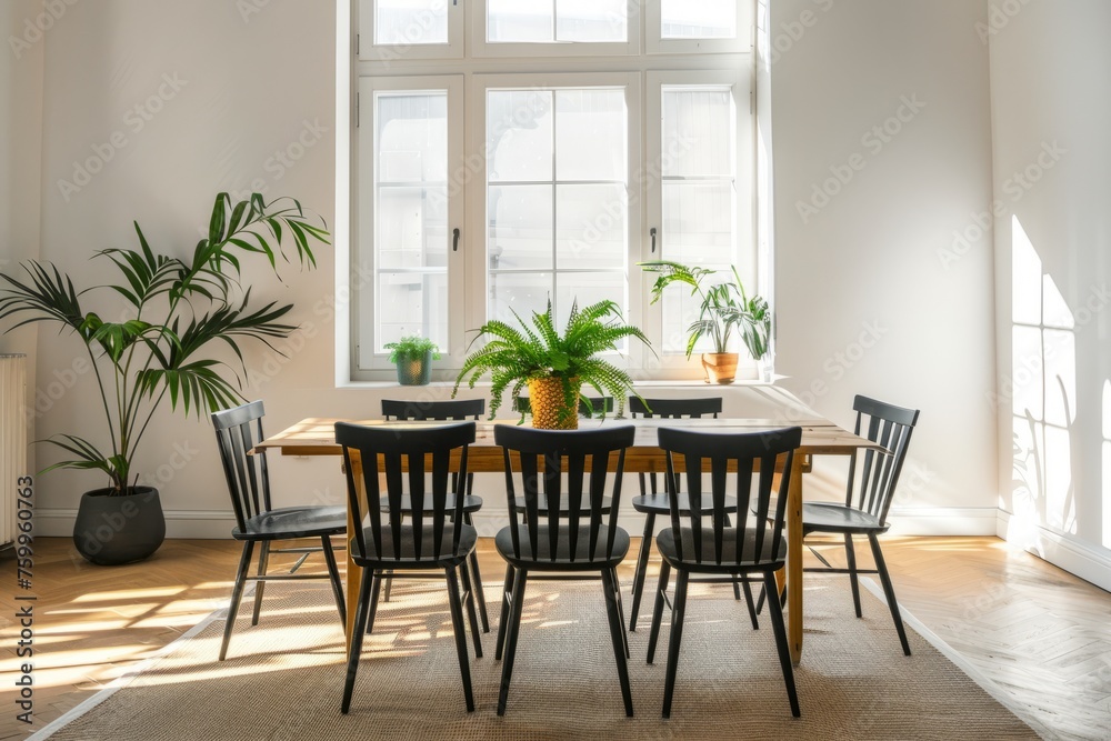 Fototapeta premium Modern dining room interior with a designed wooden table and black chairs, white walls and a big window, green plants in the corner of the space