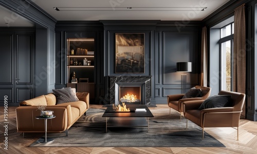 Modern interior design, accentual, subtle living room with fireplace © Chand Abdurrafy