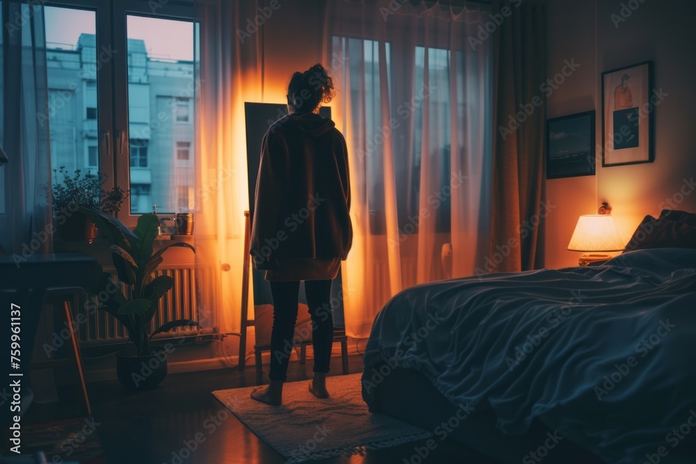 A bedroom with a depression sad woman standing before the mirror in the evening darkness