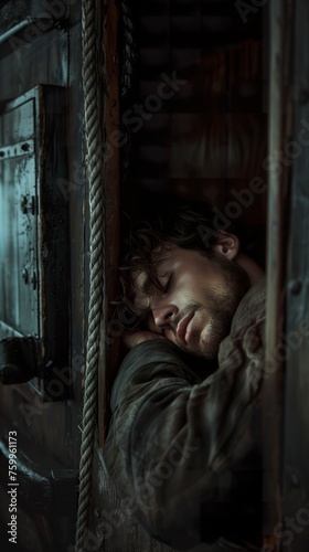 Close-up visual representation of a sleeping Jonas in a ship's compartment. Jonah sleeping peacefully during the events in the biblical narrative.
