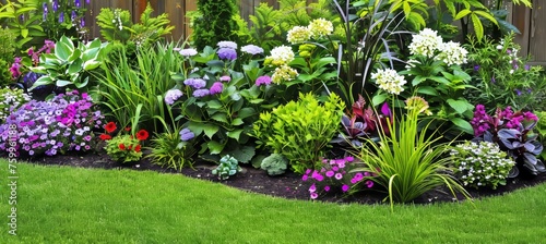 Vibrant blooms  beautiful flower garden with lush greenery  ideal for text placement