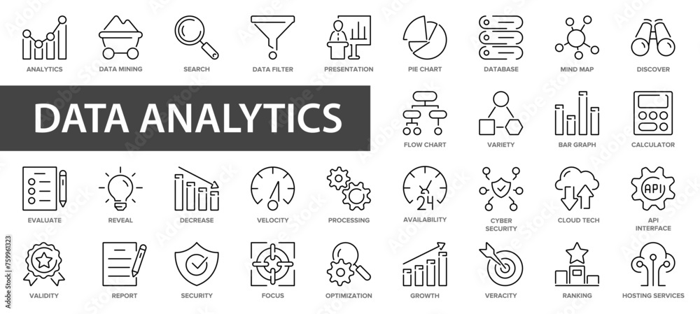 Data analysis thin line icon set. Graphs, statistics, analytics, analysis, big data, growth, chart, research, UI, UX, GUI and more outline icon.