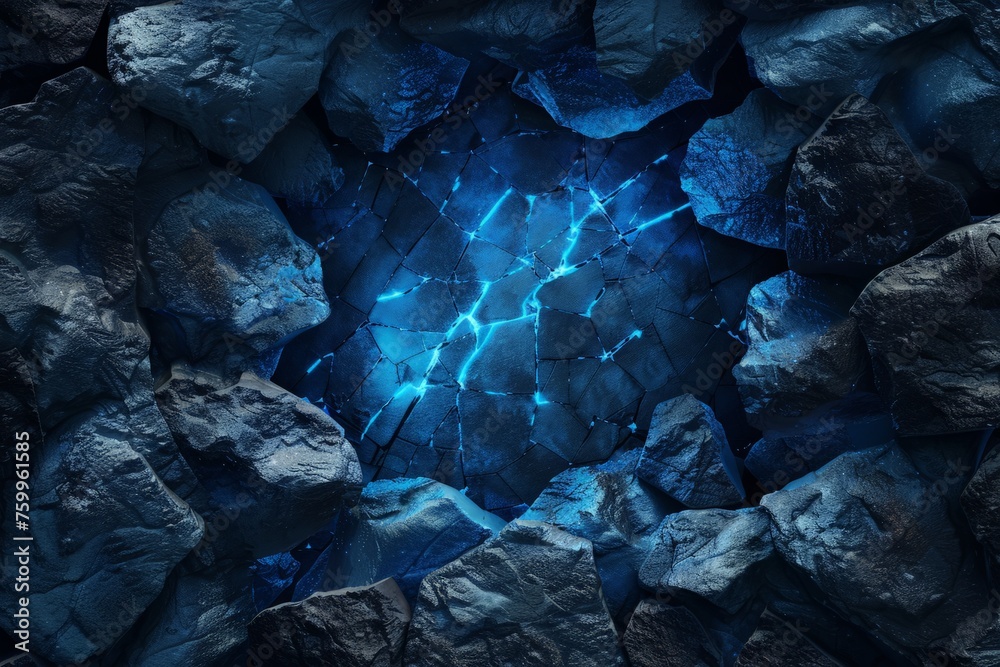 A blue light emanates from the center of a group of rocks, creating an intriguing visual contrast. - obrazy, fototapety, plakaty 