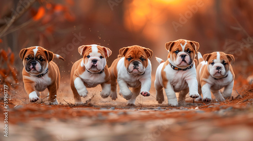 Five bulldog puppies run playfully through fallen leaves, with a warm autumnal glow behind them.