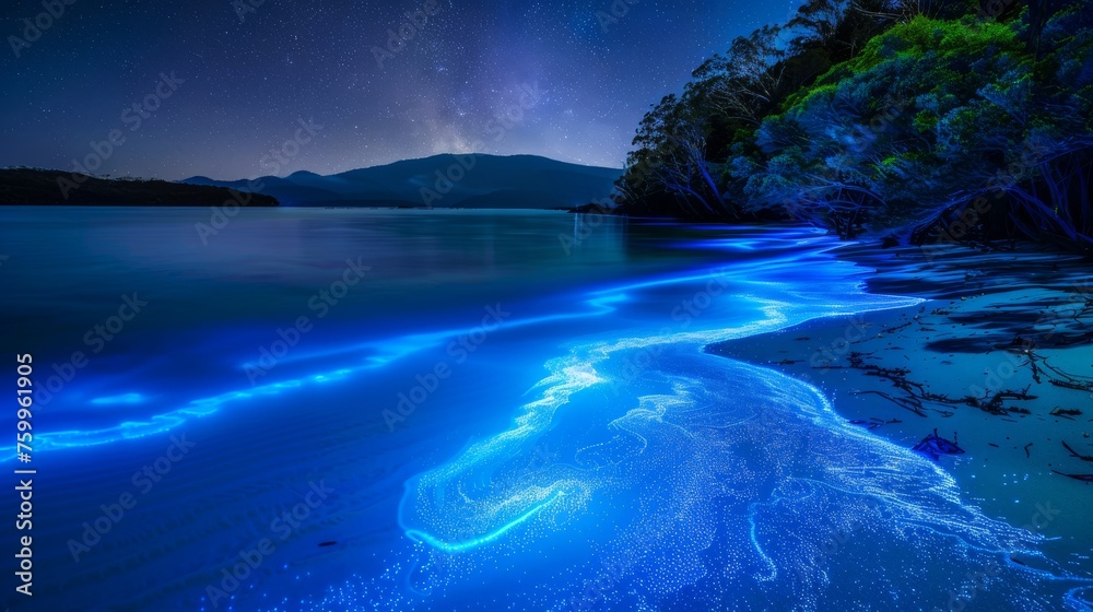 Bioluminescent waves on a beach at night with stars and forest in the background.
