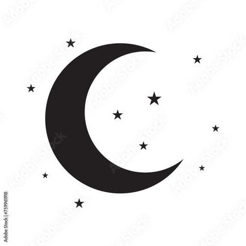 A set of black moon and sparkling starlight illustrations of various shapes. The moon has the shape of a crescent, half, or full moon. Vector Illustration.