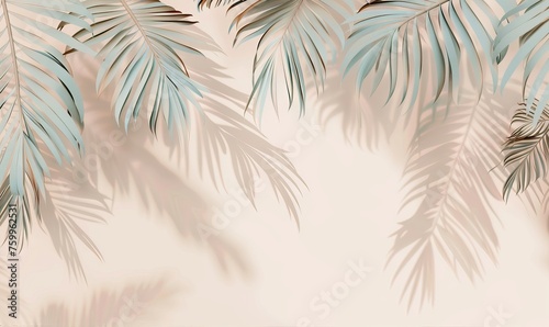 3d render  palm leaves hanging down wallpaper background with copy space in pastel tones. AI generated illustration