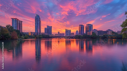 Vibrant city skyline at twilight with twinkling lights and colorful sky for text © Philipp