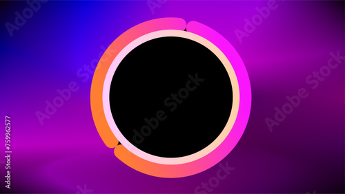 Black circle frame with orange and pink outlines over colorful blend of colors