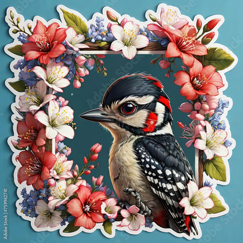 Close-Up Downy Woodpecker Portrait with Floral Sticker on Dark Background Gen AI photo