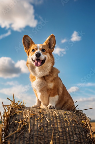 A cheerful corgi sits on a roll of hay under a sunny blue sky. The concept of farm life