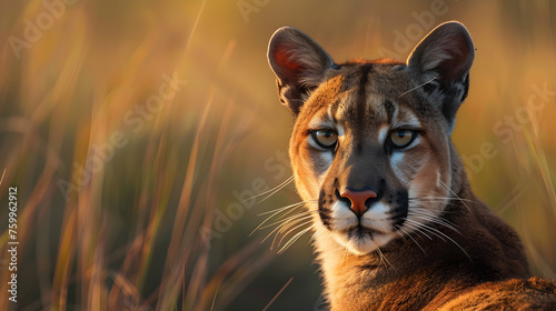 portrait of a tiger and Young cougar crouched in tall grass. © zahida