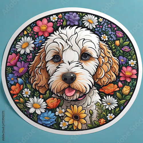 Close-Up Double Doodle Portrait with Floral Sticker on Dark Background Gen AI photo