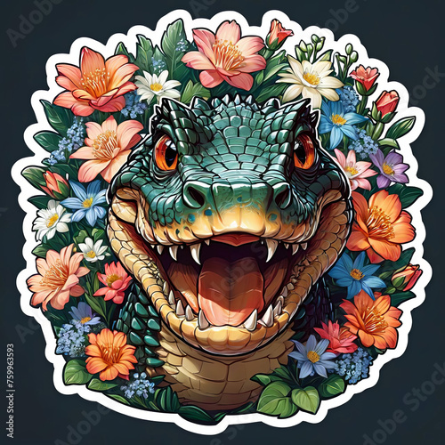 Close-Up Dwarf Crocodile with Floral Sticker on Dark Background Gen AI photo