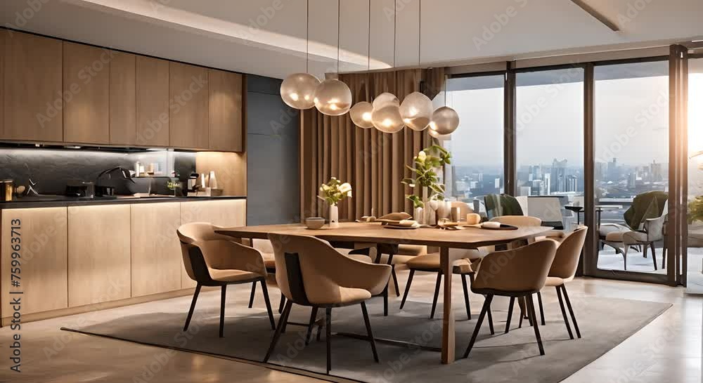 Modern interior of apartment dining room with table and chairs living room with sofa hall Home design 3d animation rendering Modern interior of apartment dining room with table and chairs living room with sofa hall Home design 3d animation rendering