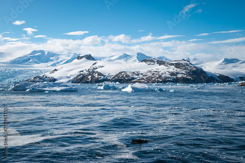 Seascape with snow covered mountains in Cierva Cove, Antarctica. Panoramic view.
