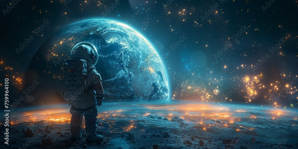 In the vast cosmos, an astronaut in a space suit observes Earth's wonders. - obrazy, fototapety, plakaty 