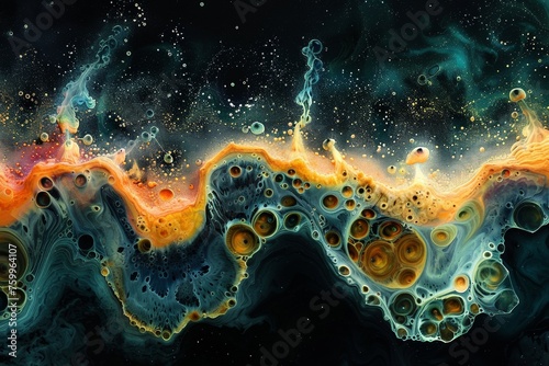 In a fantastical cosmic realm, a porous texture reveals celestial cavities, swirling with starlight.