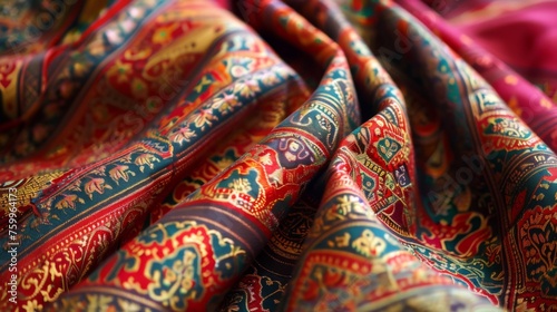Indian fabric pattern. Traditional oriental beautifully folded textile with ornaments