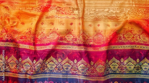 Indian fabric pattern. Traditional oriental beautifully folded textile with ornaments