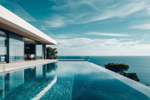 Modern architecture meets tranquil seascape in this serene cliffside villa image, capturing the elegance of contemporary design against the calm of the ocean at dusk. © DigitalMagicVisions
