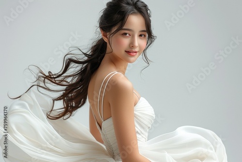 An elegant Asian bride exudes glamour in a luxurious wedding gown, radiating beauty and romance.