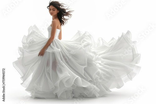 A lovely bride in a gorgeous wedding gown poses with elegance and style, capturing movement.