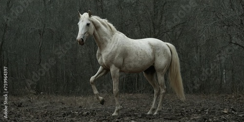 Beautiful white horse in the foggy forest. © freeman83