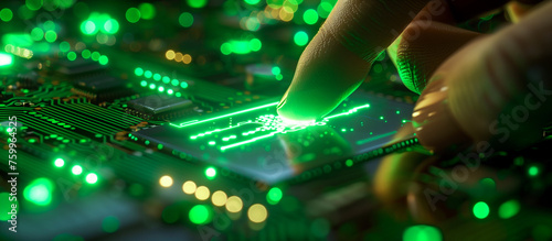 finger touching a digital circuit board. advanced biometric technology and cyber security concept background