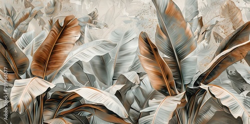 3D wallpaper  banana leaves in the jungle  brown and gray tones  detailed foliage in the background. AI generated illustration