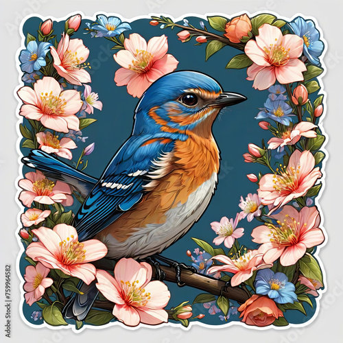 Colorful Eastern Bluebird with Floral Sticker on Dark Background Gen AI photo
