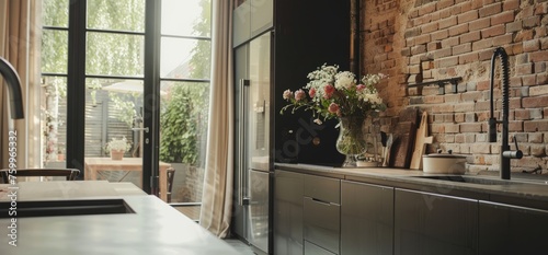 Industrial modern kitchen with brick walls, black cupboards and glass doors to the terrace