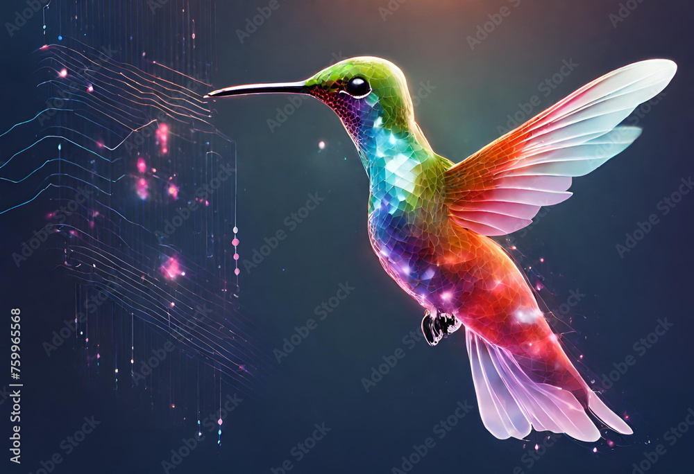 Harmonious data flow concept with Digital humming bird flying Harmonious data flow concept with Digital humming bird flying