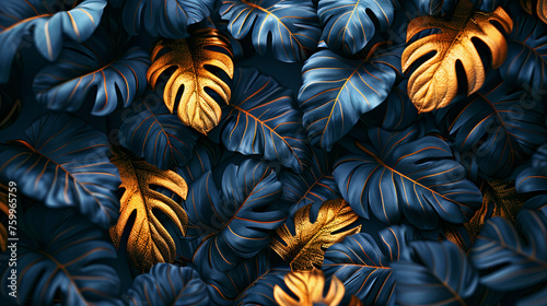 Background illustration of tropical leaves, black and gold. Generative AI