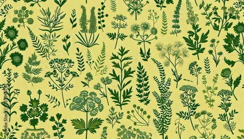 Seamless Botanical Pattern, Vector Illustration of Floral and Nature-Themed Background