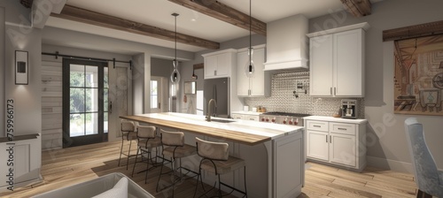Modern kitchen with white cabinets, light wood countertops and brown tile backsplash. There is an island bar for cooking in the center of the room.