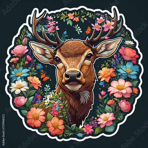 Close-Up Elk Portrait with Floral Sticker on Dark Background Gen AI photo