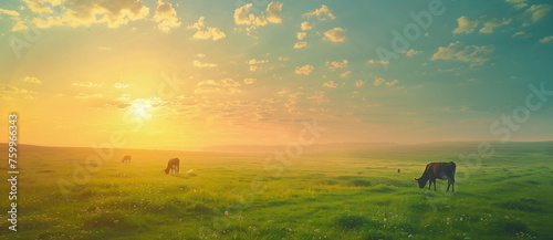 Cows in the meadow in the morning in the fog. the concept of a rural life and farming banner with copy space