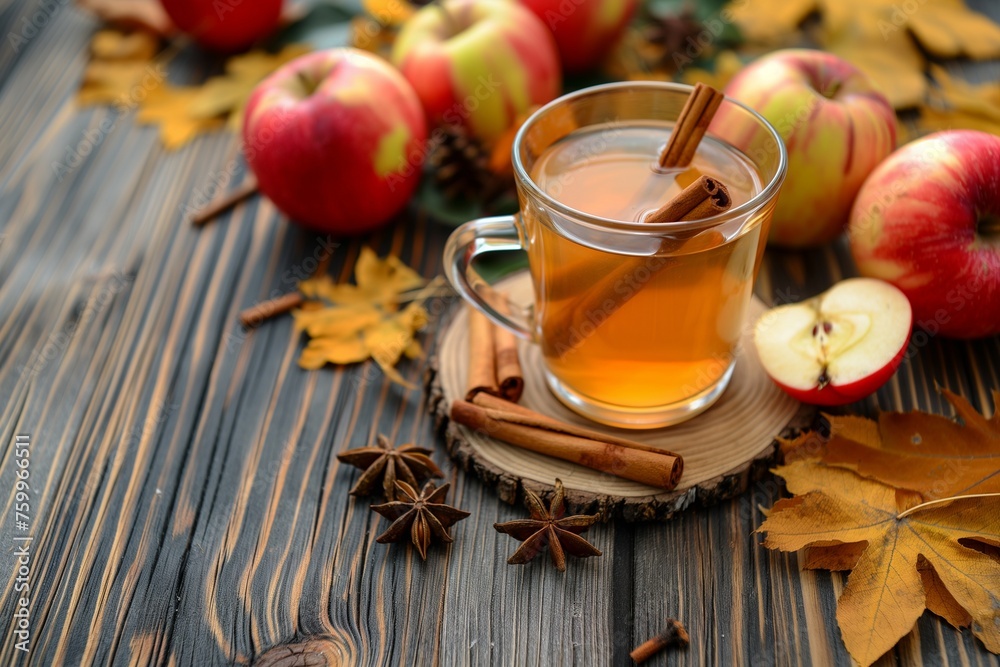 Apple cider with cinnamon sticks spices and fresh apple, Apple cider vinegar with cinnamon sticks, vinegar with cinnamon sticks, apple cider vinegar top view 