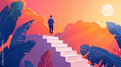 a person standing on a set of steps in front of a sunset