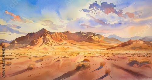 a painting of a desert with mountains in the background and a blue sky with clouds above it