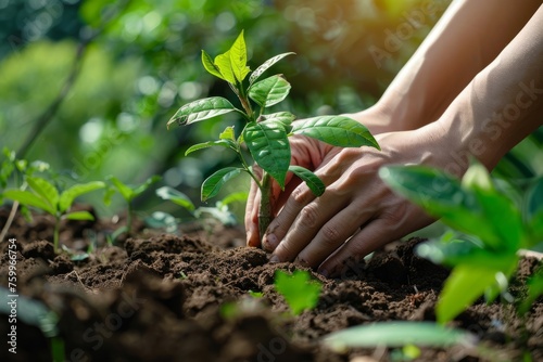 Hands gently planting a tree sapling into the soil, gardening, Earth Day, close up