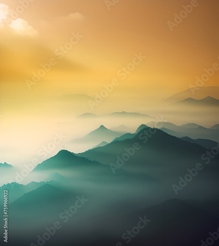 Mountain landscape with fog at sunset. 