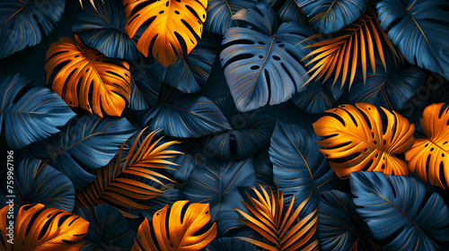 Background illustration of tropical leaves  black and gold. Generative AI