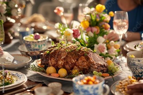 Easter festive dinner table, featuring a roasted lamb and flowers close up © Radmila Merkulova