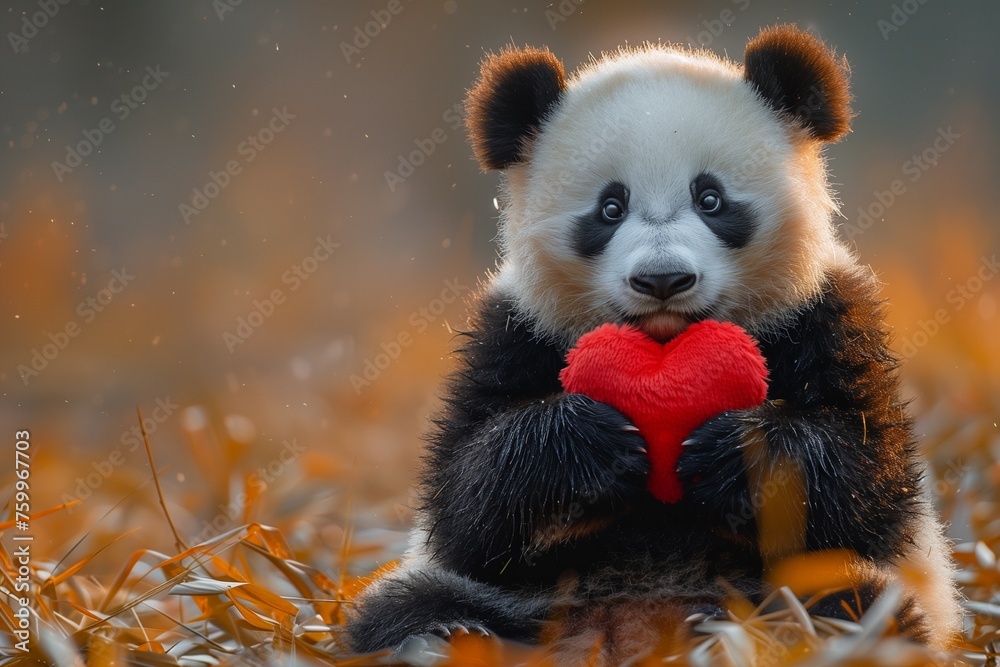 Fototapeta premium Adorable panda embraces a plush heart amidst its natural habitat, radiating charm and affection