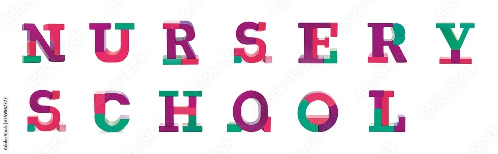 Nursery School in modern colors 3D font letter alphabet wooden toy blocks Nursery School in modern colors 3D font letter alphabet wooden toy blocks