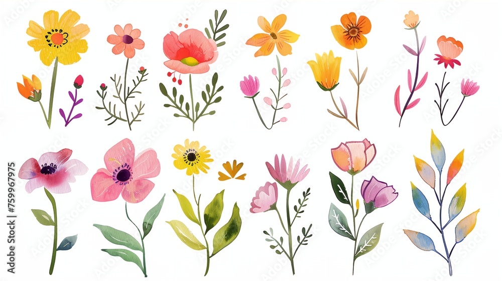 a bunch of flowers that are on a white background - obrazy, fototapety, plakaty 