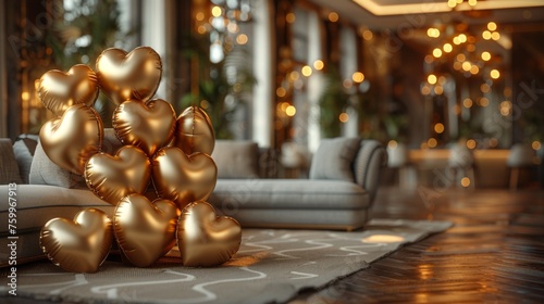 a bunch of gold hearts sitting on top of a rug on top of a floor next to a white couch.