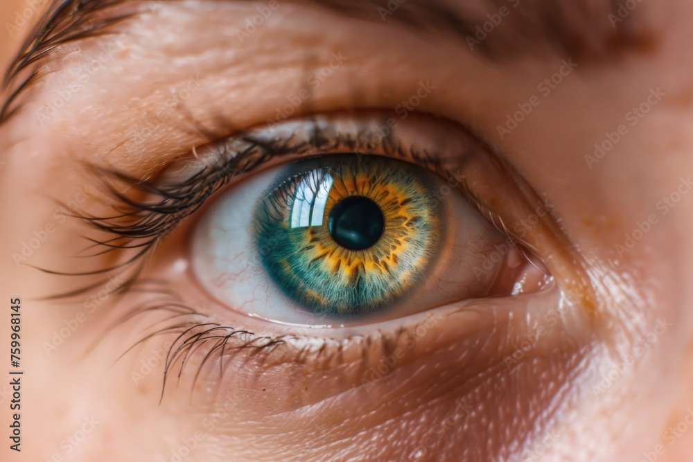 A close-up of a person's eye, showing detailed textures of the skin, the iris, and the eye's white. The person's eye color is a mix of brown and a bit of green, with a dark pupil in the center A close-up of a person's eye, showing detailed textures of the skin, the iris, and the eye's white. The person's eye color is a mix of brown and a bit of green, with a dark pupil in the center